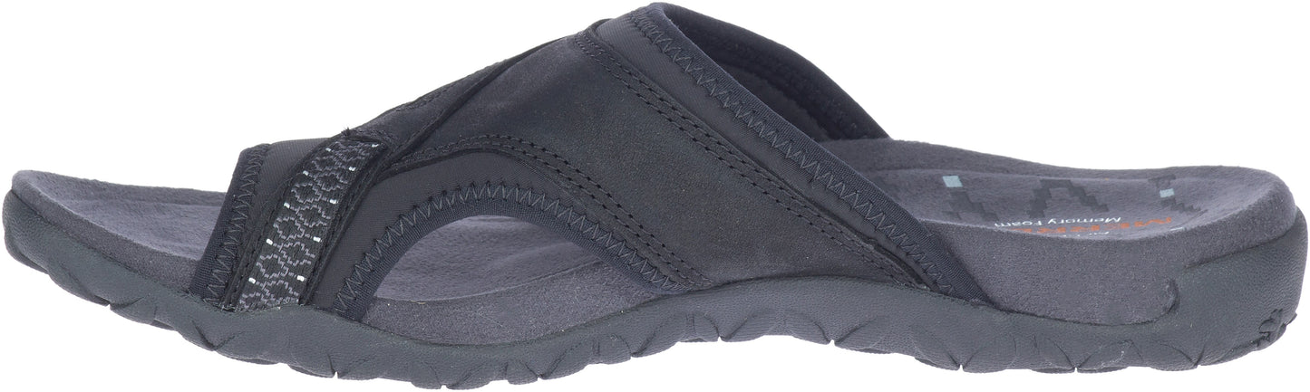 A black slide sandal featuring a flat heel and cross-strap design.