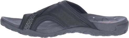 A black slide sandal featuring a flat heel and cross-strap design.