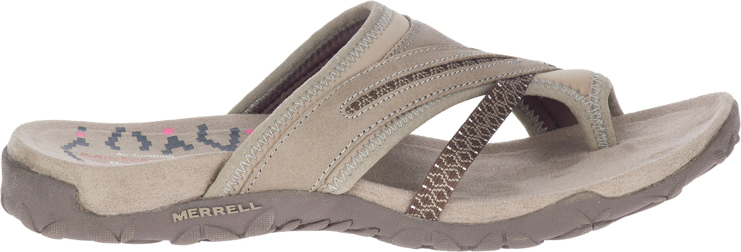 A tan-colored sandal with an open toe and a strappy design.