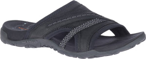 Black slide sandal with criss-cross straps.