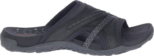 A black sandal with multiple straps and a closed toe.