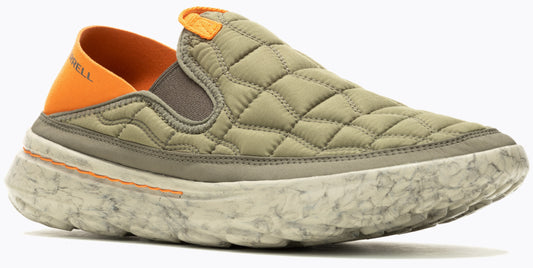 Slip-on shoe with a quilted khaki-green upper, an orange heel, and a marbled light gray sole.