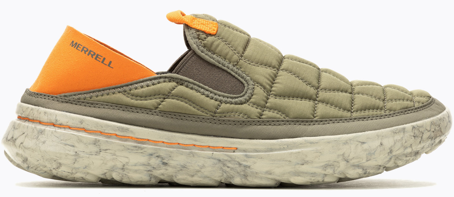 A slip-on shoe with quilted design and an orange accent.