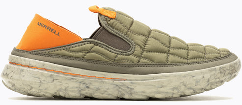 A slip-on shoe with quilted design and an orange accent.