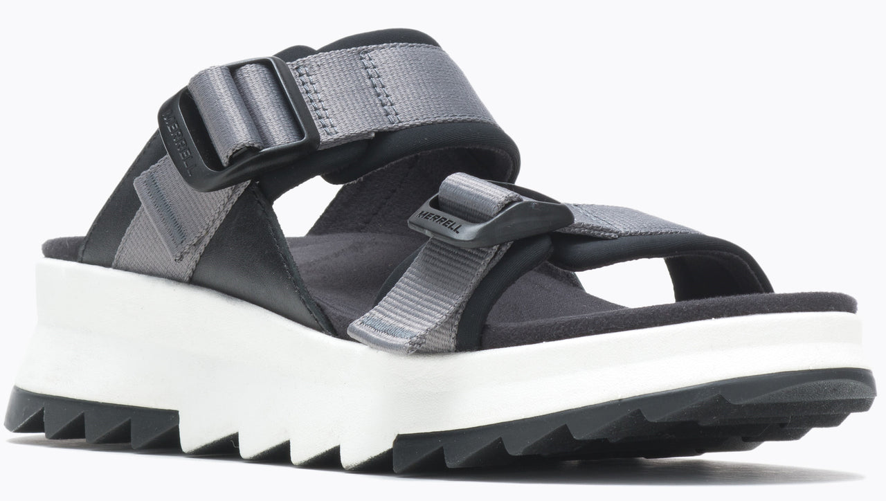Sandals with black straps and gray webbing details, a white platform sole and black zig-zag tread.