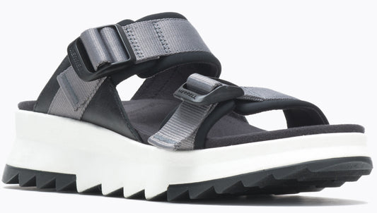 Sandals with black straps and gray webbing details, a white platform sole and black zig-zag tread.