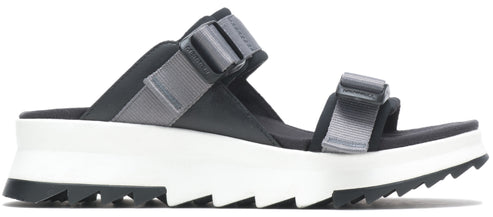 Black sandal with two gray buckle straps and a white platform sole.