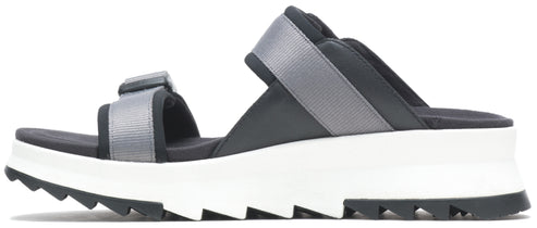 Side view of platform sandals with two gray velcro straps.