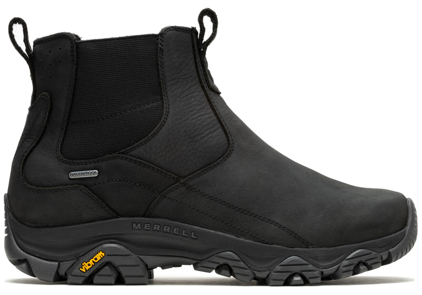 Black ankle-height boot with elastic side panels and a thick, lugged sole.