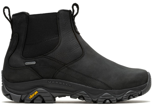 Black ankle-height boot with elastic side panels and a thick, lugged sole.