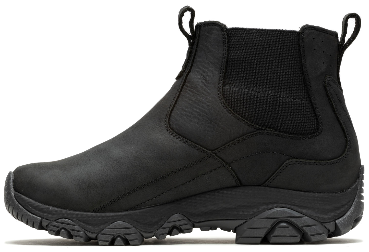 Side view of black ankle-high boot with elasticated ankle and gripped sole.
