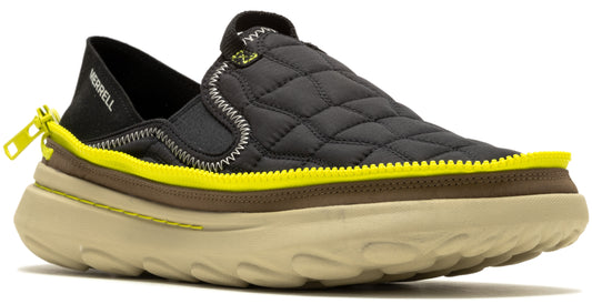 A black quilted slip-on shoe with a yellow trim and brown and tan sole.