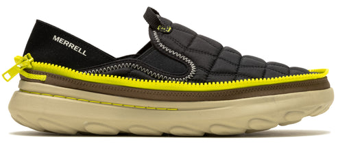 A slip-on shoe featuring black quilted nylon upper, yellow zipper trim, brown midsole, and beige outsole. "MERRELL" is written on the back.