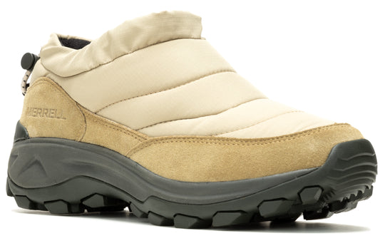 Beige puffer slip-on shoe with a tan suede lower and a dark sole.