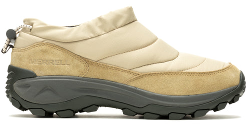 Beige and tan slip-on shoe with synthetic upper, suede rand, and a toggle-adjustable collar. The sole is chunky and dark gray with a lugged outsole. The brand name "MERRELL" is printed in small letters along the side.