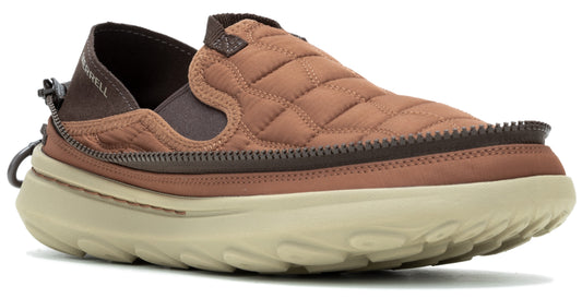 Slip-on shoe with light brown quilted upper, brown trim, brown heel pull tab, and a thick beige sole.