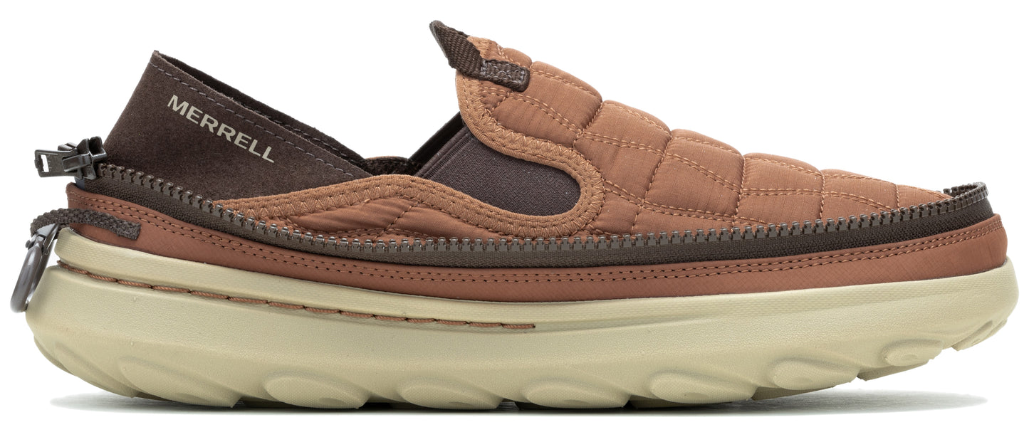 A slip-on shoe with MERRELL branding on the heel, featuring a brown upper with a quilted design and a tan platform sole.