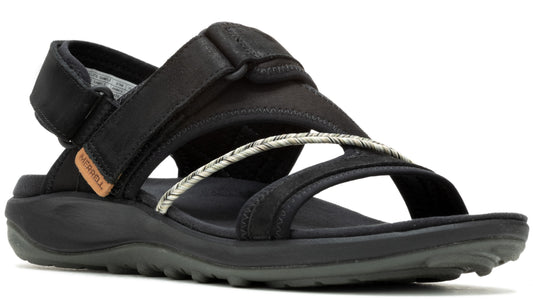Black sandal with multiple straps and velcro closure.