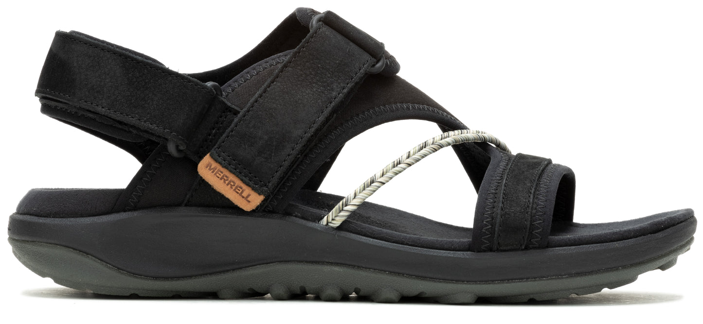A black sandal with adjustable straps and a woven accent.