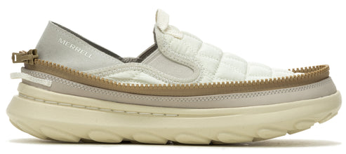 A slip-on shoe featuring a quilted top, layered sole, and the word "MERRELL" on the side.