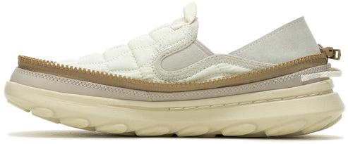 a slip-on shoe with quilted material and a thick, layered sole