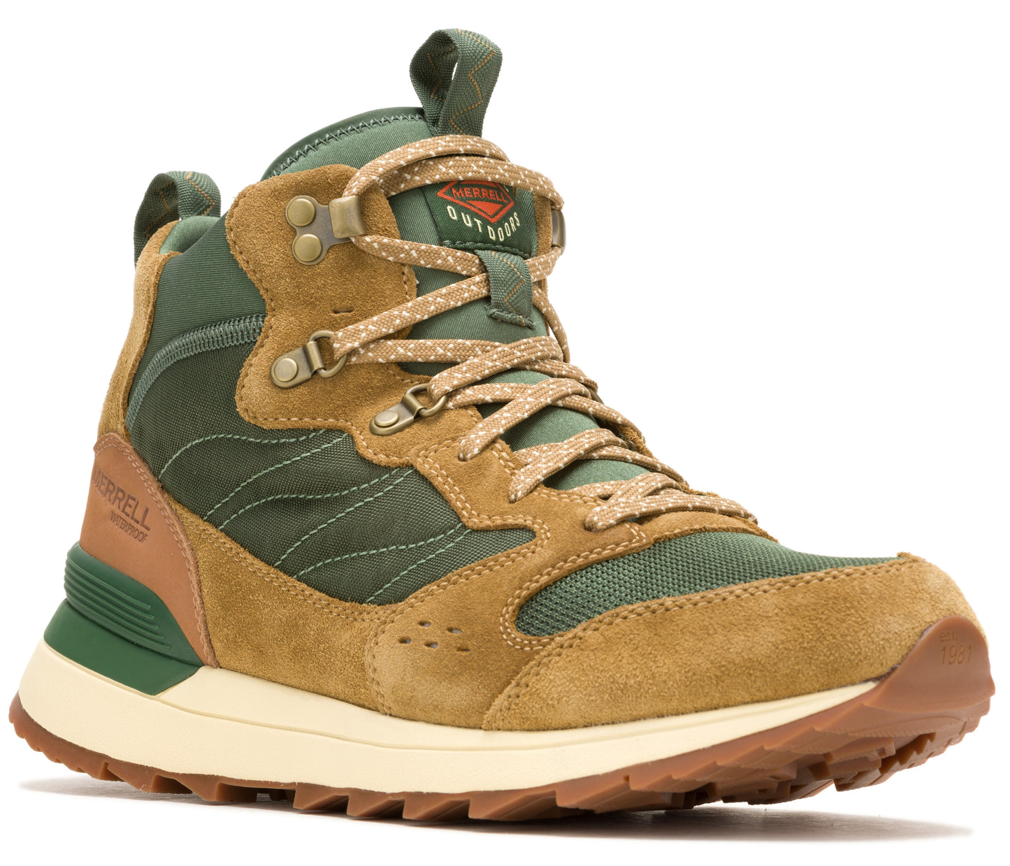 Hiking boot in green and brown with a beige sole, laces and metal eyelets, and a loop at the heel and tongue.