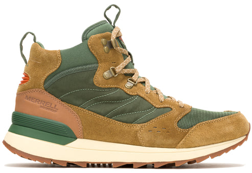 High-top hiking shoe with green nylon and brown suede upper, a white midsole and brown outsole, and metal lace eyelets. MERRELL is written on the side of the shoe.