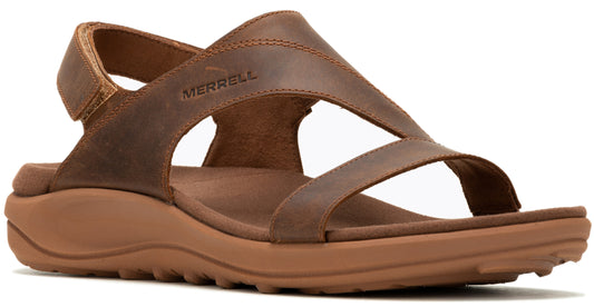 Brown leather sandal with a t-strap design and adjustable ankle strap.