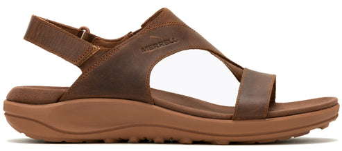 A brown leather sandal with an adjustable strap.
