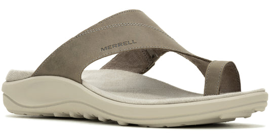 A single women's sandal, gray in color with MERRELL written on the side.