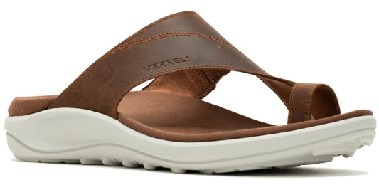 A brown leather sandal with a white sole.