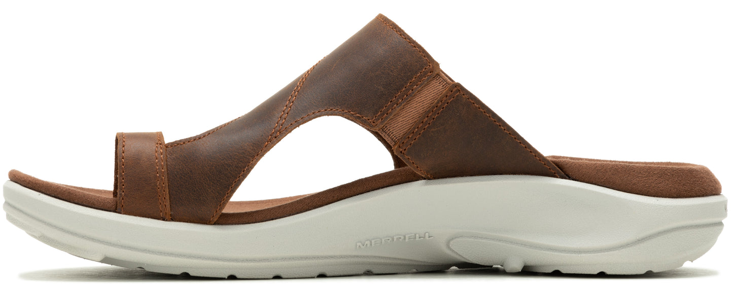 Brown leather sandals with a white sole.