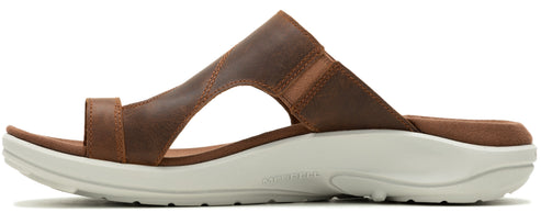 Brown leather sandals with a white sole.