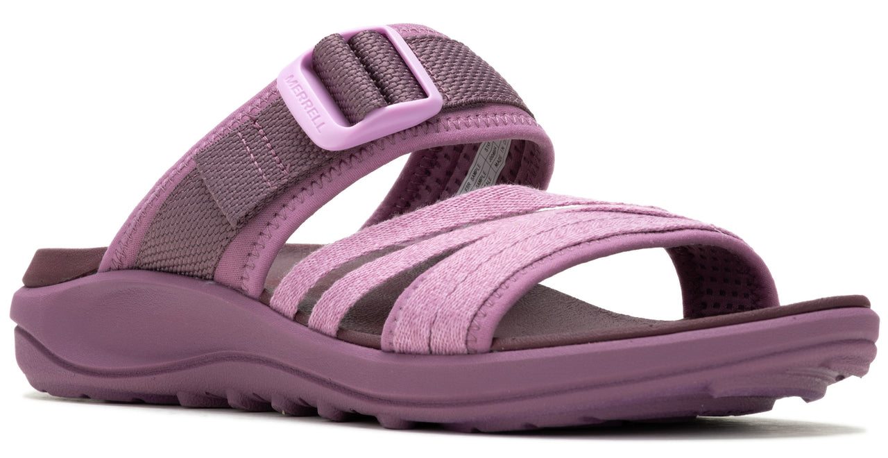 Purple sandal with multi-strap and adjustable velcro closure.