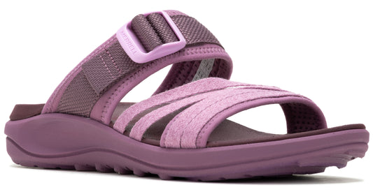 Purple sandal with multi-strap and adjustable velcro closure.