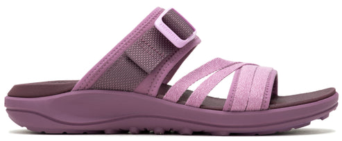 Lavender slide sandal with criss-cross straps.
