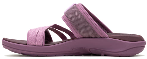 A purple sandal with multiple straps.
