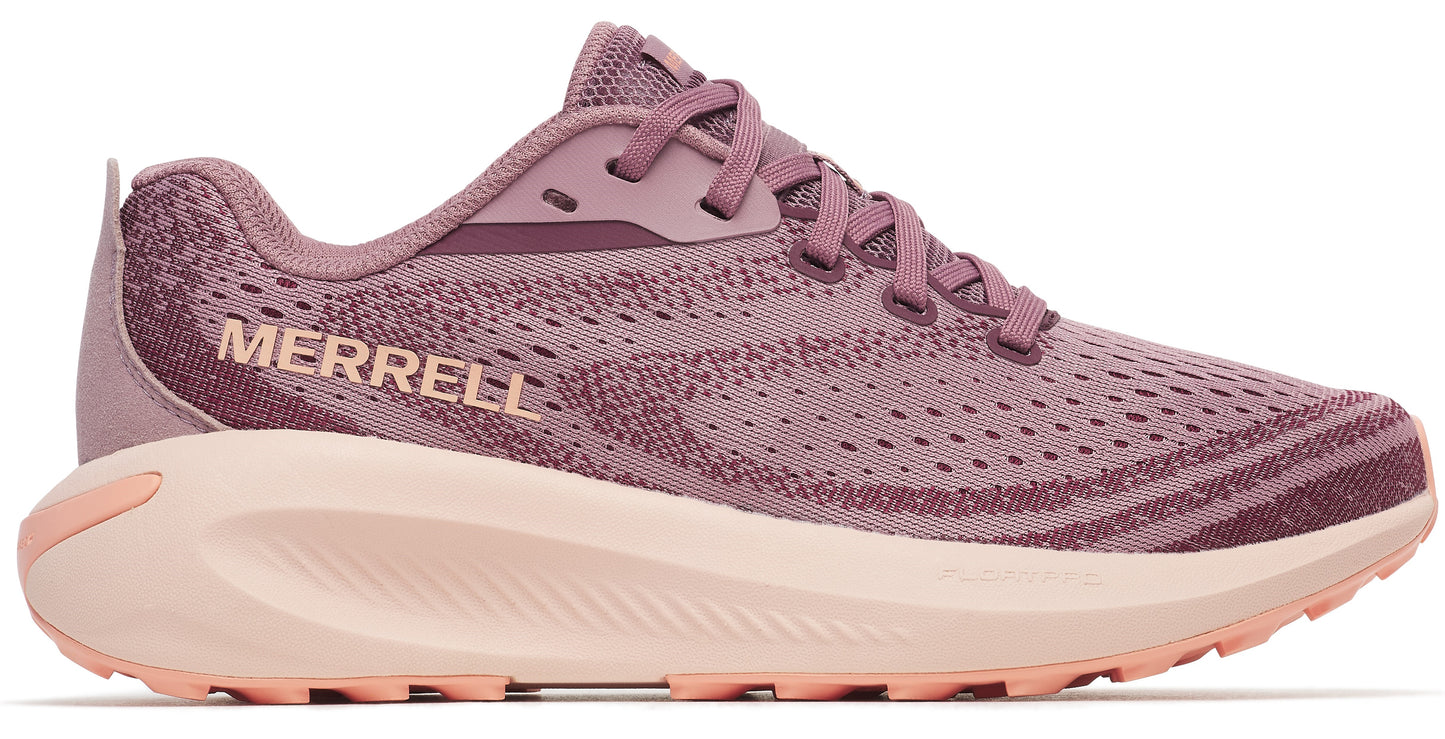 A lavender running shoe with MERRELL in gold on the side.