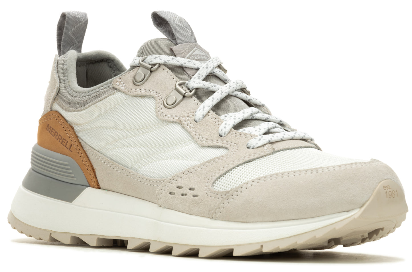 Low-cut athletic shoe with white panels, beige suede accents, metal eyelets, and a thick white sole. "MERRELL" is visible on the tongue.