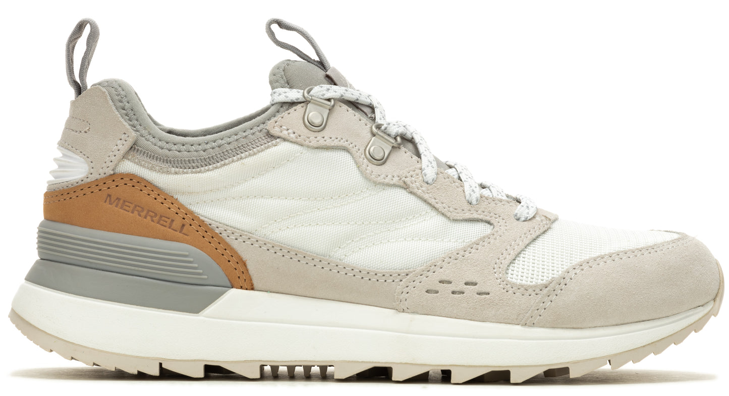 Side view of a sneaker with white mesh and suede panels, grey and tan accents, a cushioned midsole, and a lugged outsole.