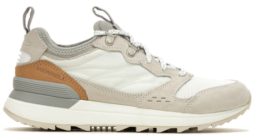 Side view of a sneaker with white mesh and suede panels, grey and tan accents, a cushioned midsole, and a lugged outsole.