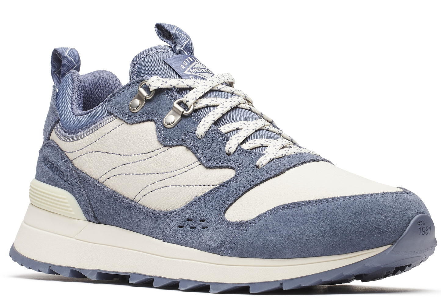 A light blue and white low-top hiking shoe with a lug sole and patterned laces.