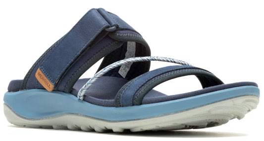 Blue sandal with adjustable straps and a light blue sole.