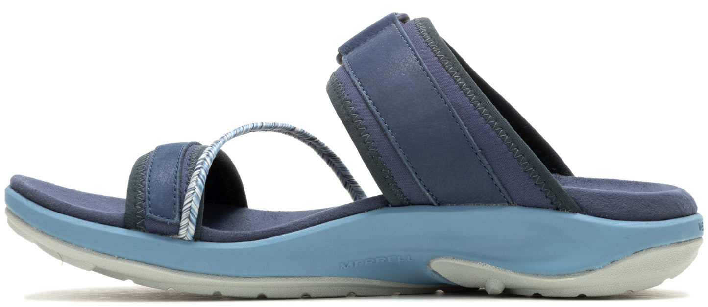 A blue sandal with two straps.