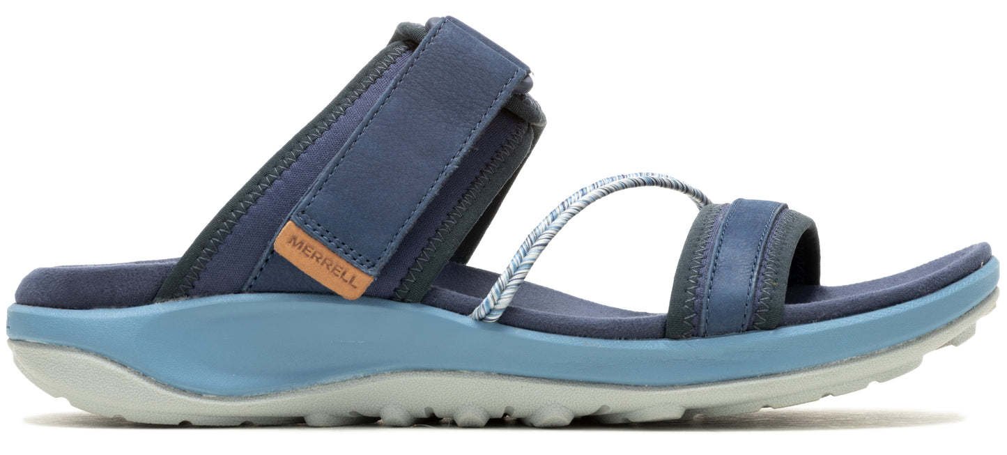 Blue sandal with two straps and a blue sole.