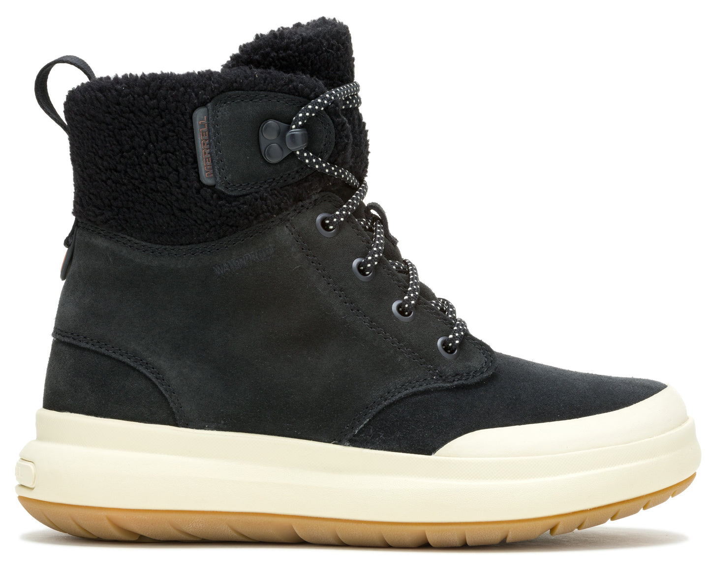 Black boot with black fuzzy collar, speckled laces, and a thick, cream-colored sole.