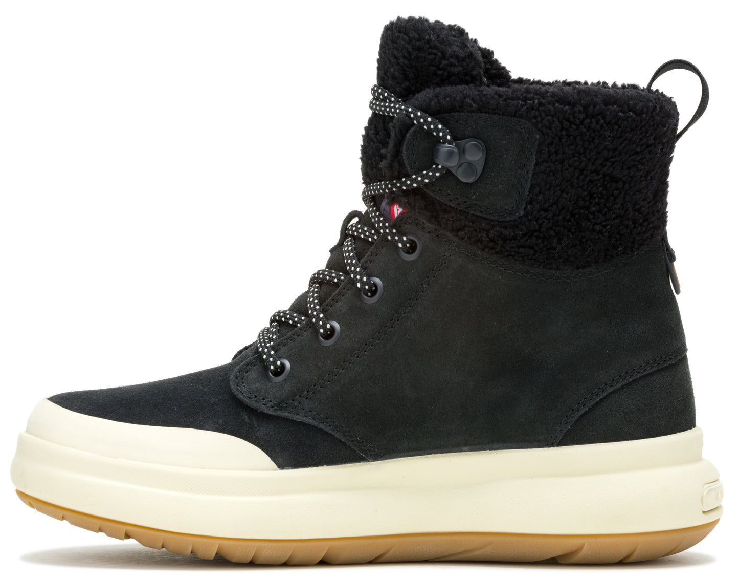 Black snow boot with white sole and brown tread; it has a black fleece trim around the ankle and black and white patterned laces.