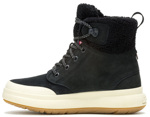 Black snow boot with white sole and brown tread; it has a black fleece trim around the ankle and black and white patterned laces.