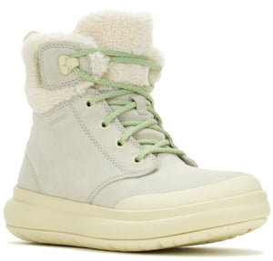 Light gray waterproof boot with faux fur lining and pale green laces and sole.