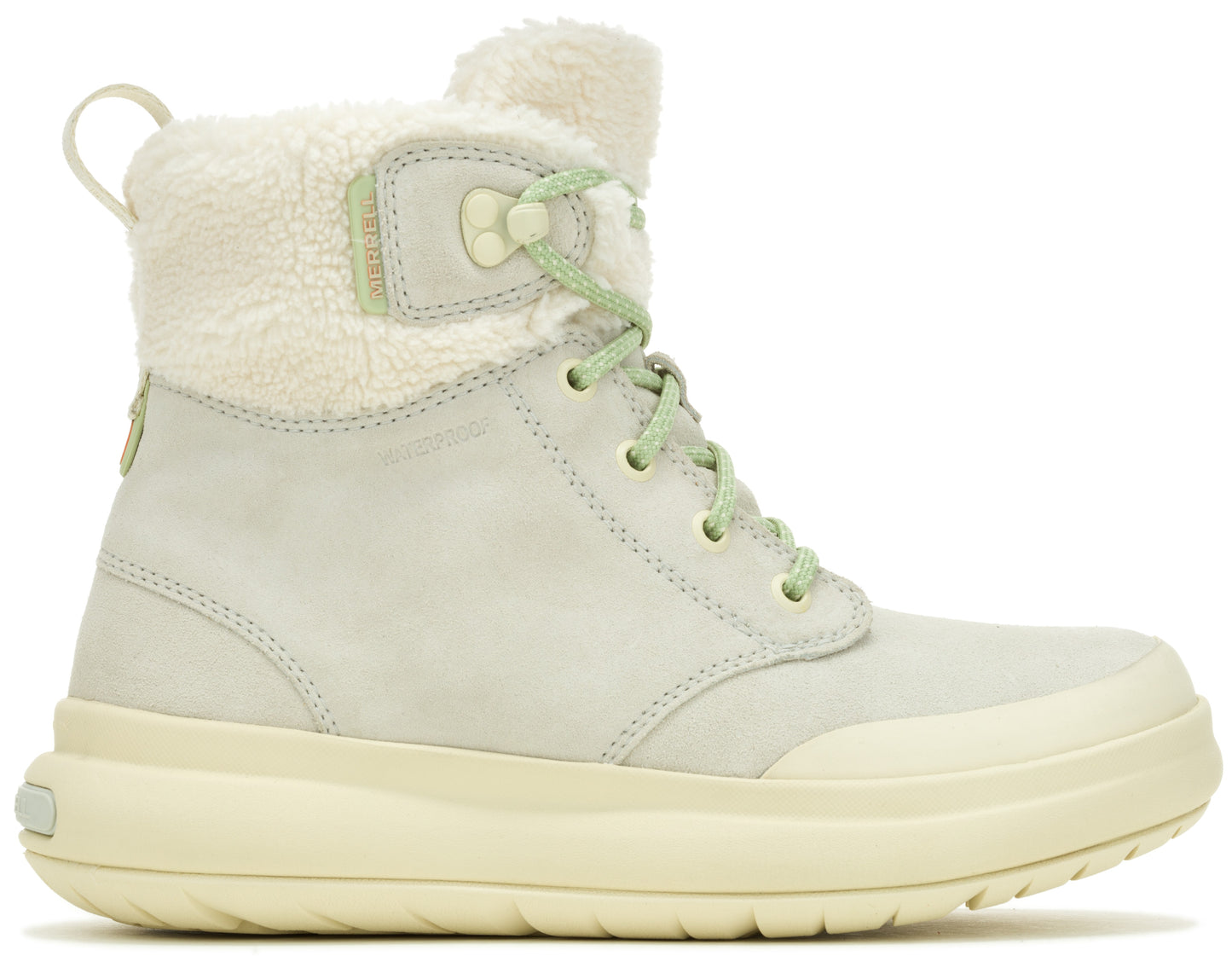 Off-white, high-top boot with furry trim, laces, and chunky sole.